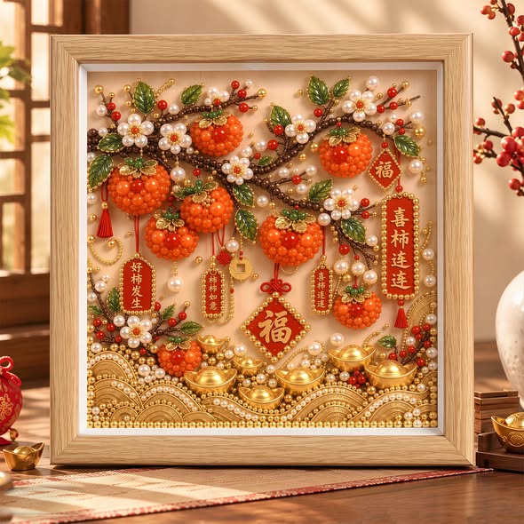 喜柿連連（柿子款）含框珍珠畫